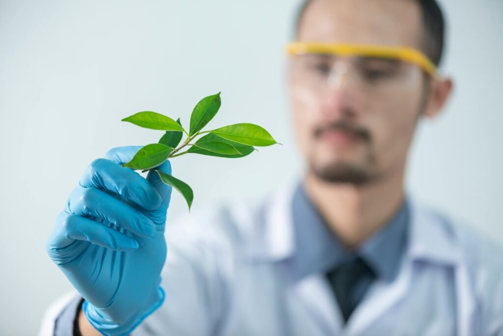 Young scientist wearing protective gloves and examining a plant sample in a laboratory setting.